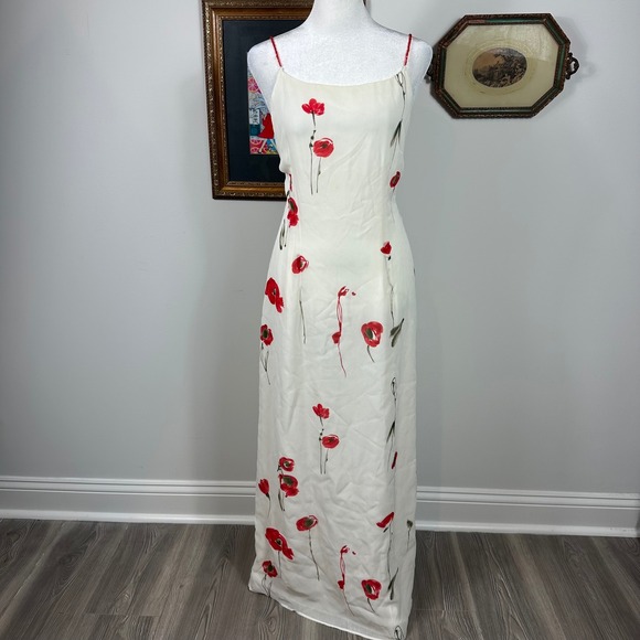 Essential Dresses & Skirts - Vintage Y2K White Dress w/ Red Poppy Floral Design & Beaded Straps - SIZE 10